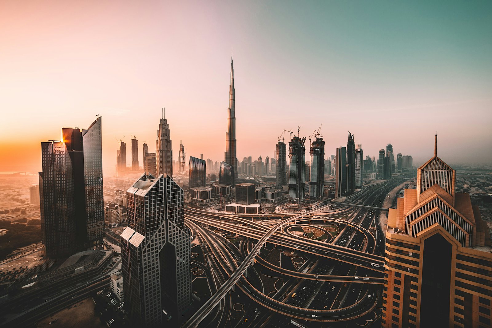 Dubai skyline at dusk with the Burj Khalifa